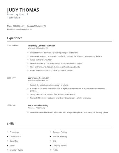 Inventory Control Technician Resume