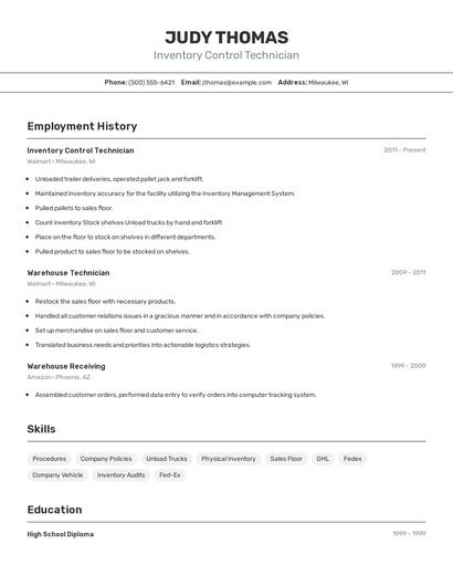 Inventory Control Technician Resume