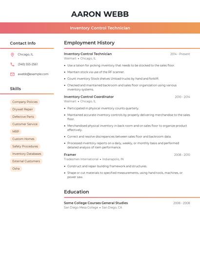 Inventory Control Technician Resume