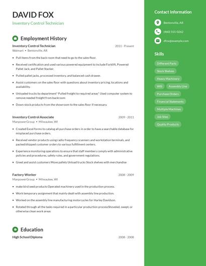 Inventory Control Technician Resume