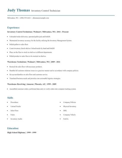 Inventory Control Technician Resume