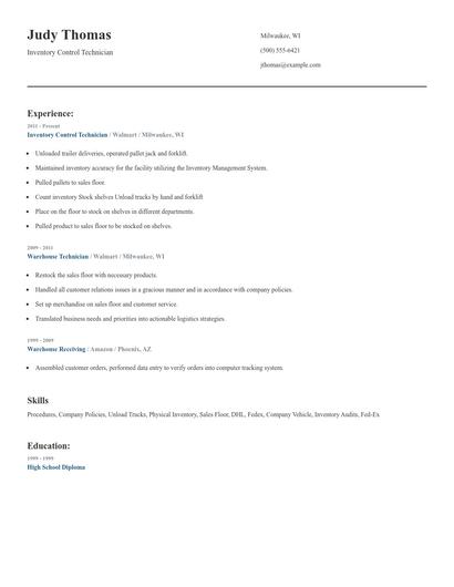 Inventory Control Technician Resume