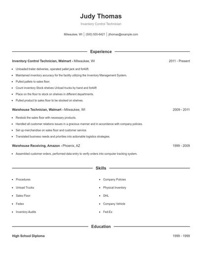 Inventory Control Technician Resume