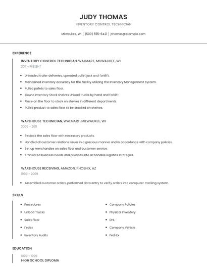 Inventory Control Technician Resume