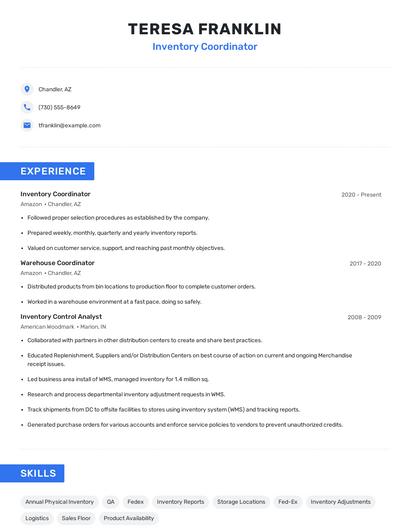 Inventory Coordinator Resume