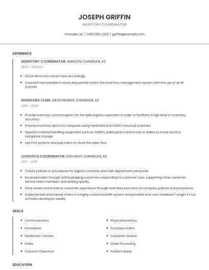 Inventory Coordinator Resume