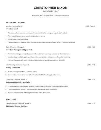 Inventory Lead Resume