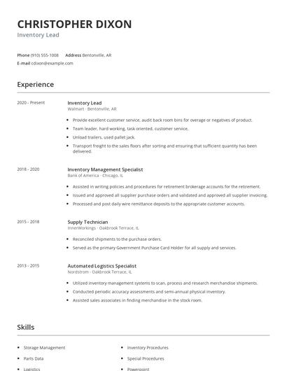 Inventory Lead Resume