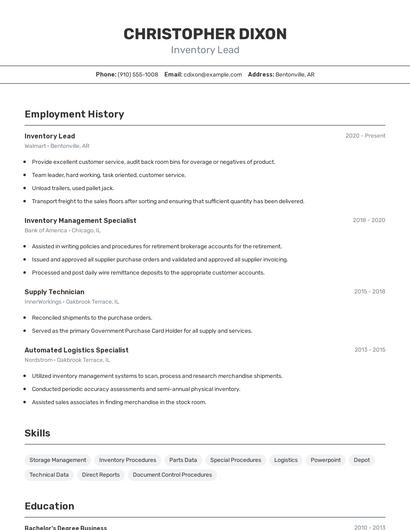 Inventory Lead Resume