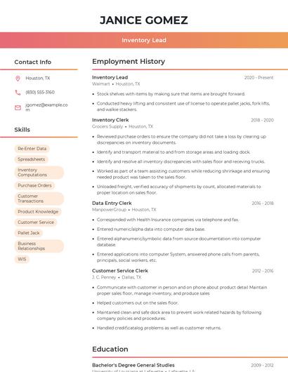 Inventory Lead Resume