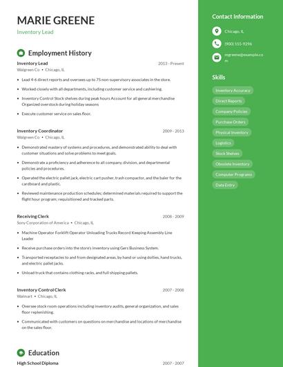 Inventory Lead Resume