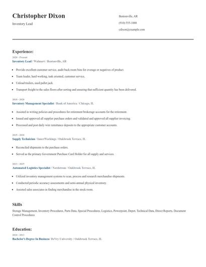 Inventory Lead Resume