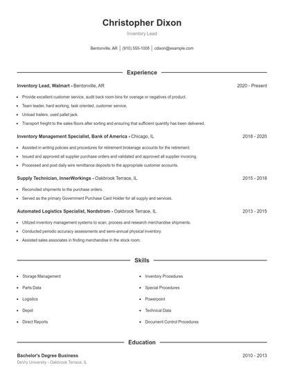 Inventory Lead Resume
