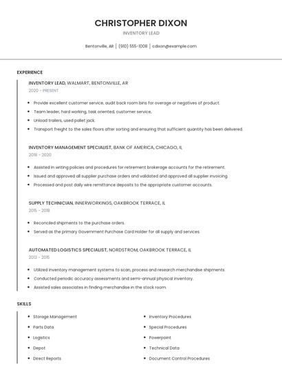 Inventory Lead Resume