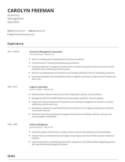 Inventory Management Specialist Resume