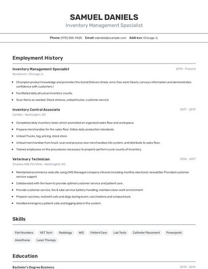 Inventory Management Specialist Resume