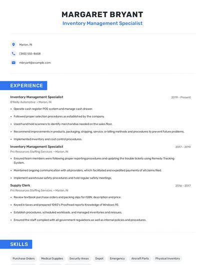Inventory Management Specialist Resume