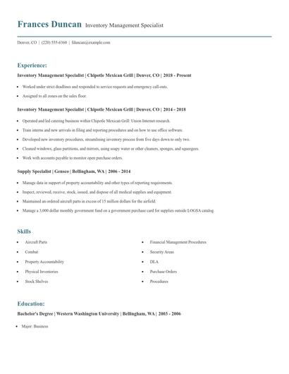 Inventory Management Specialist Resume