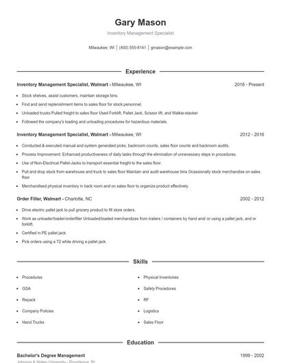 Inventory Management Specialist Resume