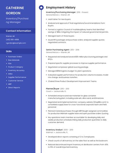 Inventory/Purchasing Manager Resume