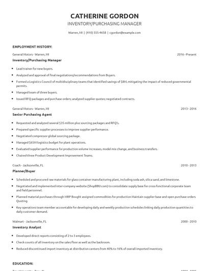 Inventory/Purchasing Manager Resume