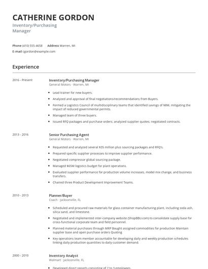 Inventory/Purchasing Manager Resume