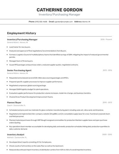 Inventory/Purchasing Manager Resume