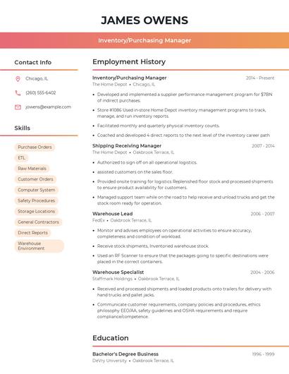 Inventory/Purchasing Manager Resume