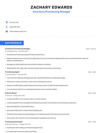 Inventory/Purchasing Manager Resume