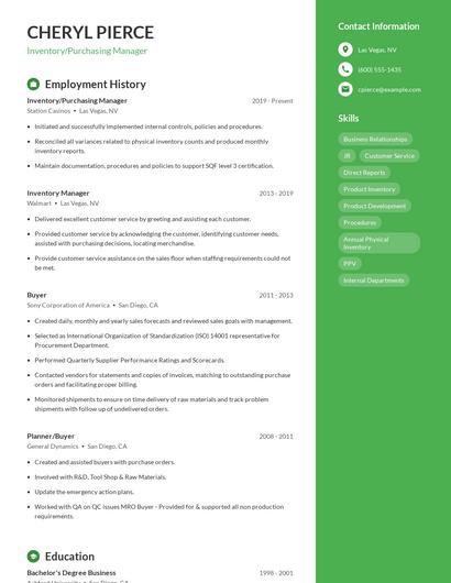 Inventory/Purchasing Manager Resume
