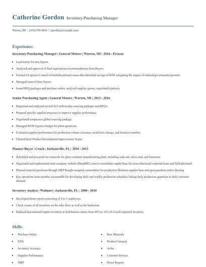 Inventory/Purchasing Manager Resume