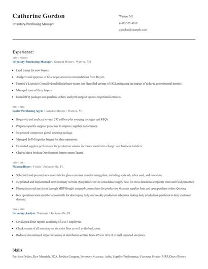 Inventory/Purchasing Manager Resume