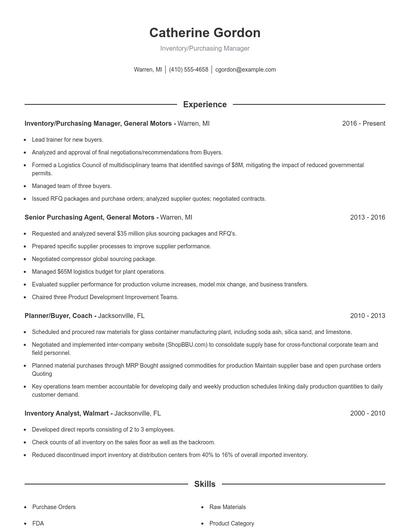 Inventory/Purchasing Manager Resume