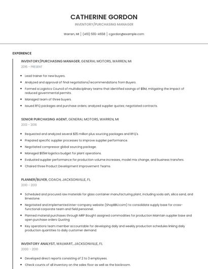 Inventory/Purchasing Manager Resume