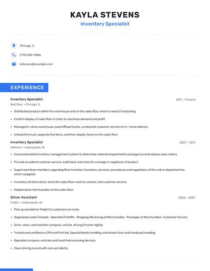 Inventory Specialist Resume