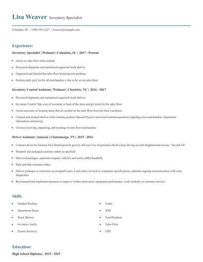 Inventory Specialist Resume