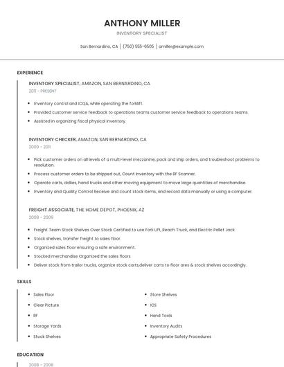 Inventory Specialist Resume