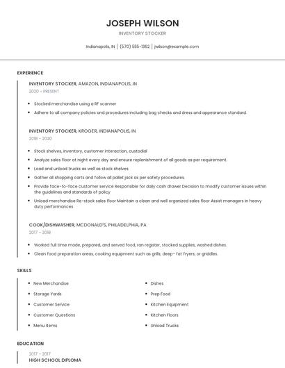 Inventory Stocker Resume