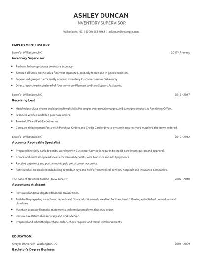 Inventory Supervisor Resume