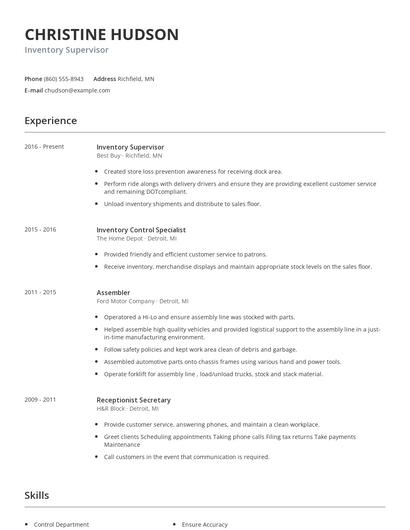 Inventory Supervisor Resume