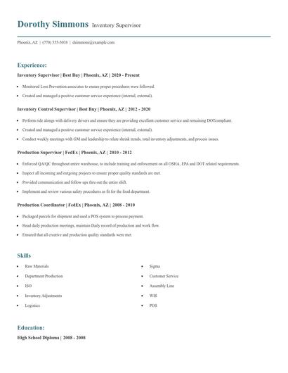 Inventory Supervisor Resume