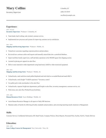 Inventory Supervisor Resume
