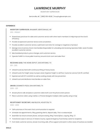 Inventory Supervisor Resume