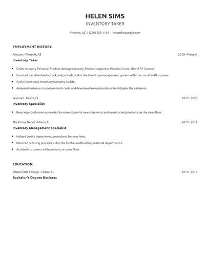 Inventory Taker Resume