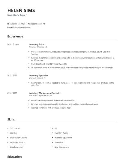 Inventory Taker Resume