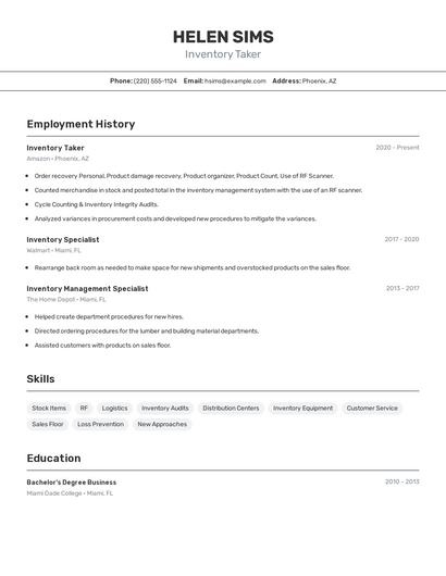 Inventory Taker Resume