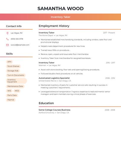 Inventory Taker Resume