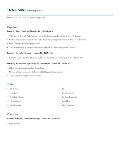 Inventory Taker Resume