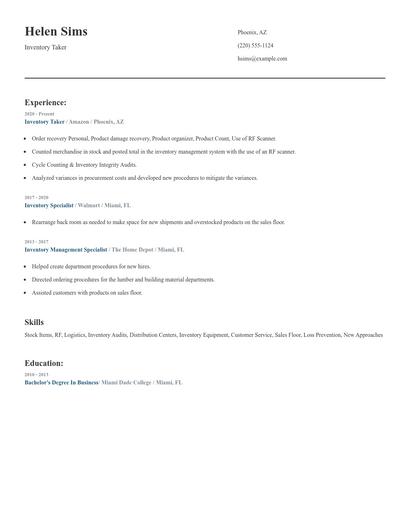 Inventory Taker Resume