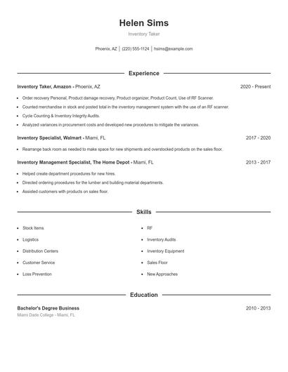 Inventory Taker Resume
